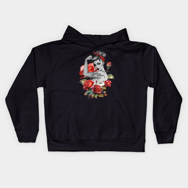 Red Roses and Ladybug Girl Power by Anne Cha Modern Rosie the Riveter Kids Hoodie by annechaart